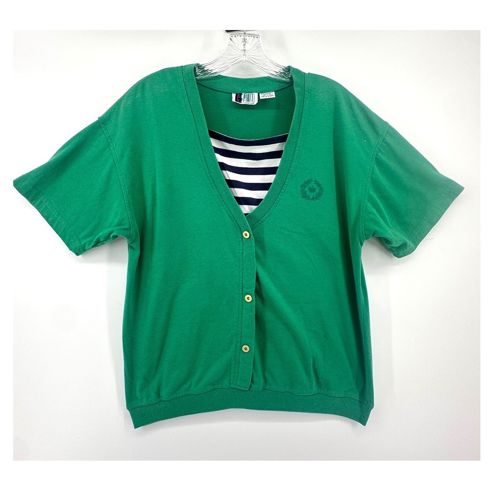 Bold Spirit Vintage Green Short Sleeve Layered Cardigan Striped Inset M Academic